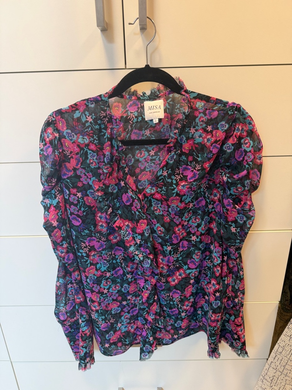 Misa Los Angeles Black Blouse with Pink & Purple Floral Print